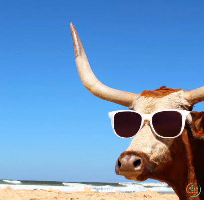 A cow with horns on a beach