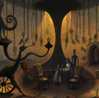 A painting of a room with a wheelbarrow and a wheel