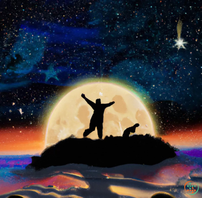 A silhouette of a person on a rock with a moon and stars in the background