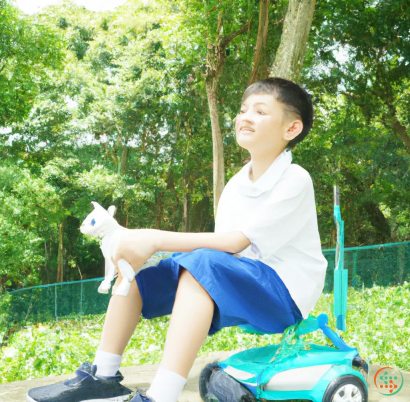 A boy riding a scooter with a cat on his back