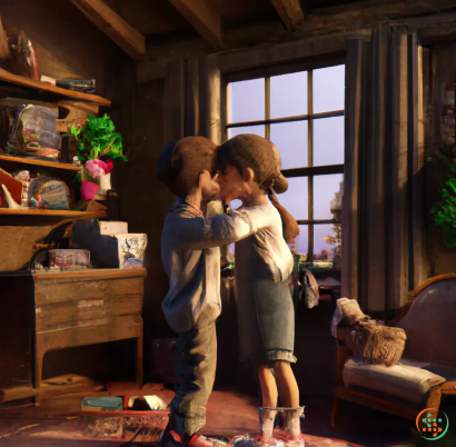 A couple of children kissing in a room with a window and a shelf with books