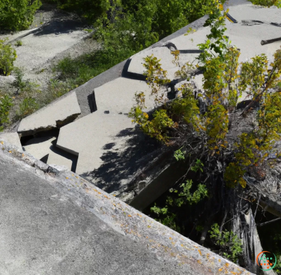 A concrete wall with a tree growing on it