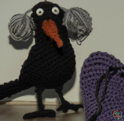 A black puppet with a purple scarf