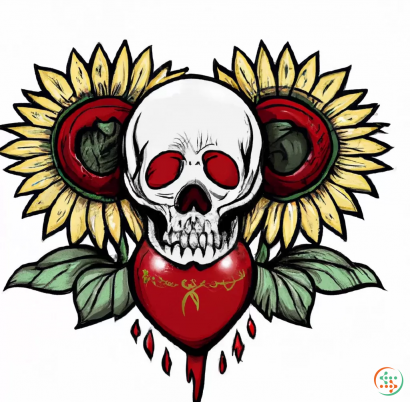 Diagram - Digital Art of "The Sacred Heart" with "human skull and one sunflower" LOGO in traditional tattoo style
