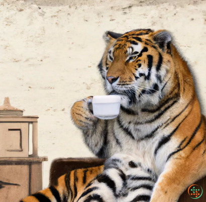 A tiger drinking from a cup