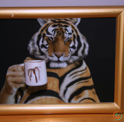 A painting of a tiger holding a cup