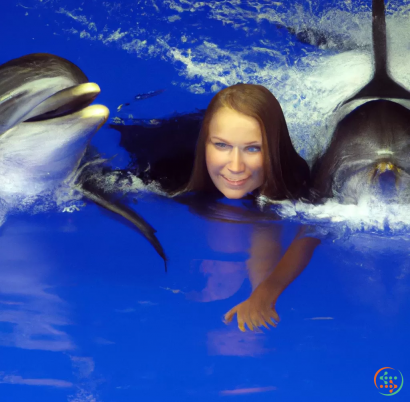 A person in a pool with dolphins