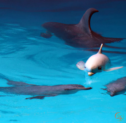 A dolphin and a dolphin swimming in water
