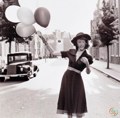 A person in a dress with balloons