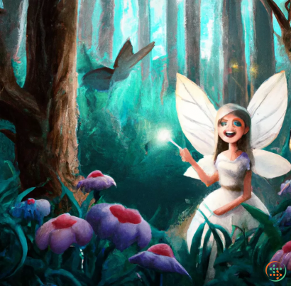 A cartoon of a person with wings and a white dress with wings and a white butterfly on a