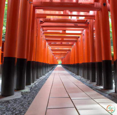 A red metal structure with Fushimi Inari-taisha in the background