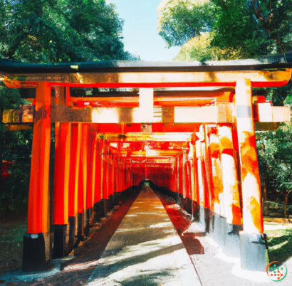 A red gate with white and yellow pillars with Fushimi Inari-taisha in the background