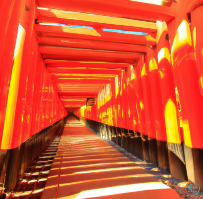 A red tunnel with yellow and green lights