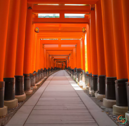 A walkway with orange pillars with Fushimi Inari-taisha in the background