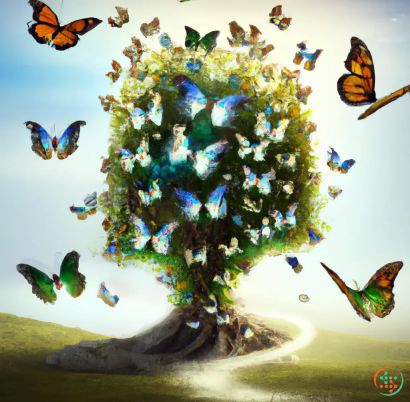 A tree with butterflies around it