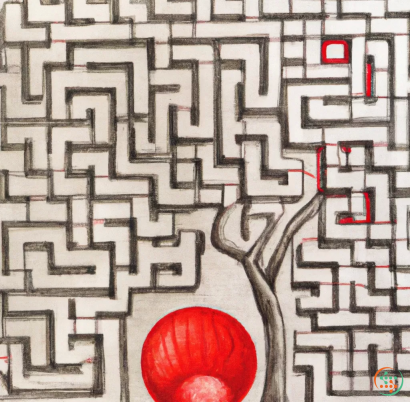 Qr code - Pencil Drawing of tree wood maze with red balloon