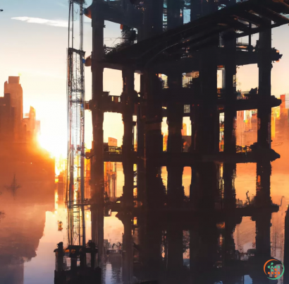 A large oil rig at sunset