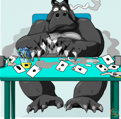 Calendar - un gorila de 6 brazos. con cada uno de ellos esta haciendo una tarea dificil. mientras, esta jugando al poker y tiene una mano con dos aces y esta haciendo all in. en la mesa tambien hay un rinoceronte