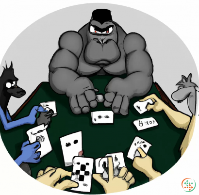 Icon - un gorila de 6 brazos. con cada uno de ellos esta haciendo una tarea dificil. mientras, esta jugando al poker y tiene una mano con dos aces y esta haciendo all in. en la mesa tambien hay un rinoceronte