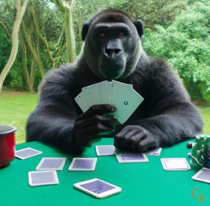 A gorilla holding a card