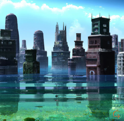 A city skyline with a body of water in the foreground