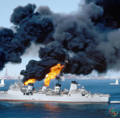 A ship on fire with smoke coming out of it