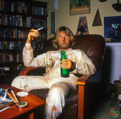 A person sitting in a chair holding a bottle of beer