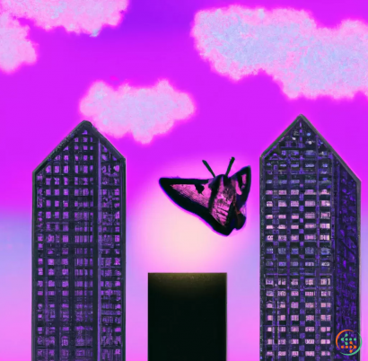 A silhouette of a person jumping in the air between tall buildings