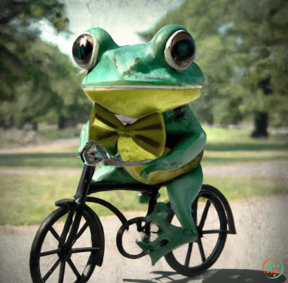 A green frog on a bicycle