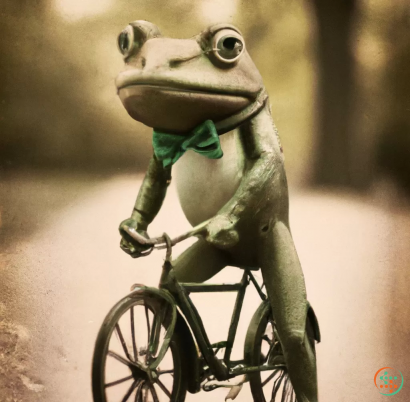 A frog riding a bicycle