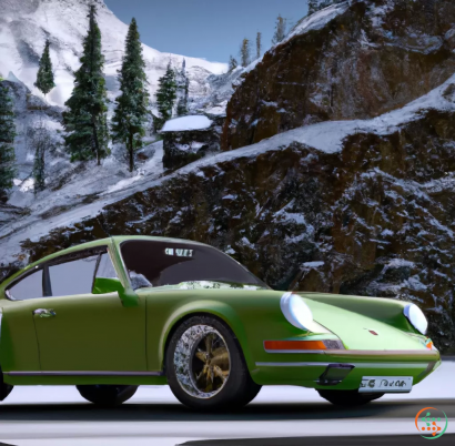 A green car on a road with snow and trees