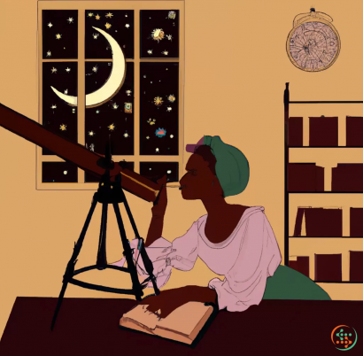 Diagram - vintage library with delicate big clock, vintage telescope, teenage girl looking at stars through the telescope