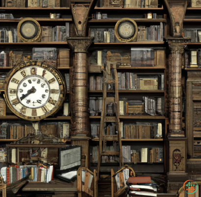 A clock on a book shelf
