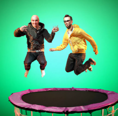 Two men jumping in the air