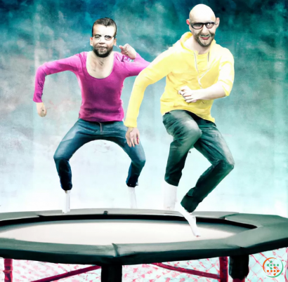 Two men jumping on a trampoline