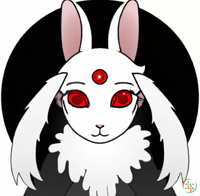 Logo - white rabbitfolk druid with red eyes and black moon mark on forehead