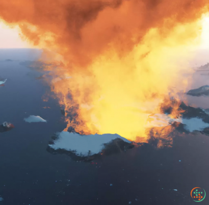 A volcano erupting at night