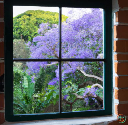 A window with a view of trees and flowers