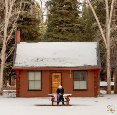 A couple of people sitting outside a small building in the snow