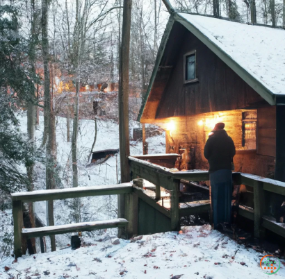 A person standing outside a cabin