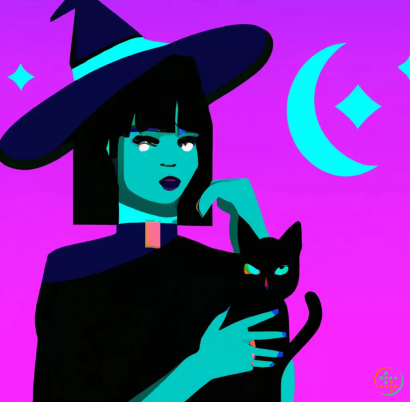 Icon - Witch with a black cat, Vaporwave