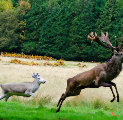 A couple deer running in a field