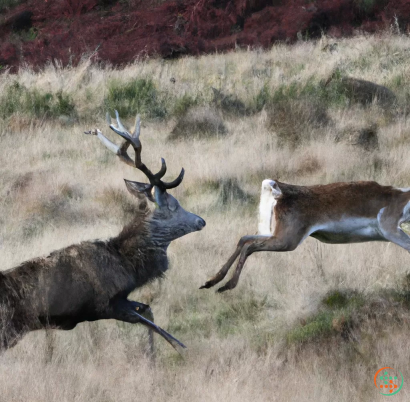 A couple deer running in a field