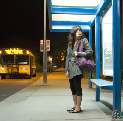 A woman standing outside a bus stop