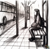 A drawing of a person sitting in a chair