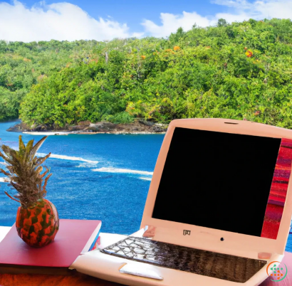 A laptop on a table by a body of water