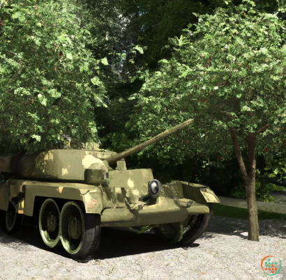 A military tank parked by trees