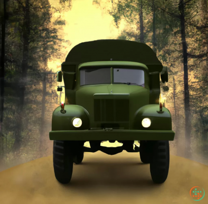 A green jeep driving through a forest