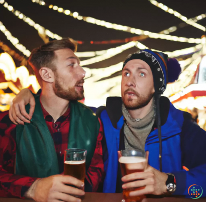 Two men holding drinks