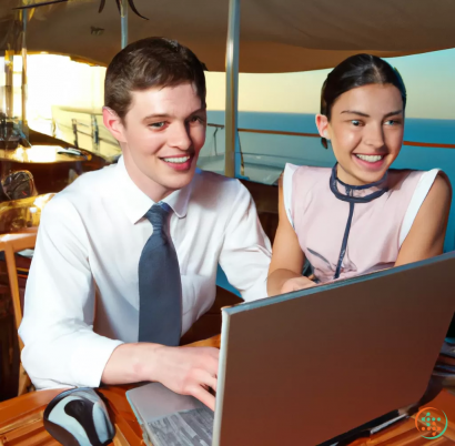 A couple of young men sitting at a table with a laptop